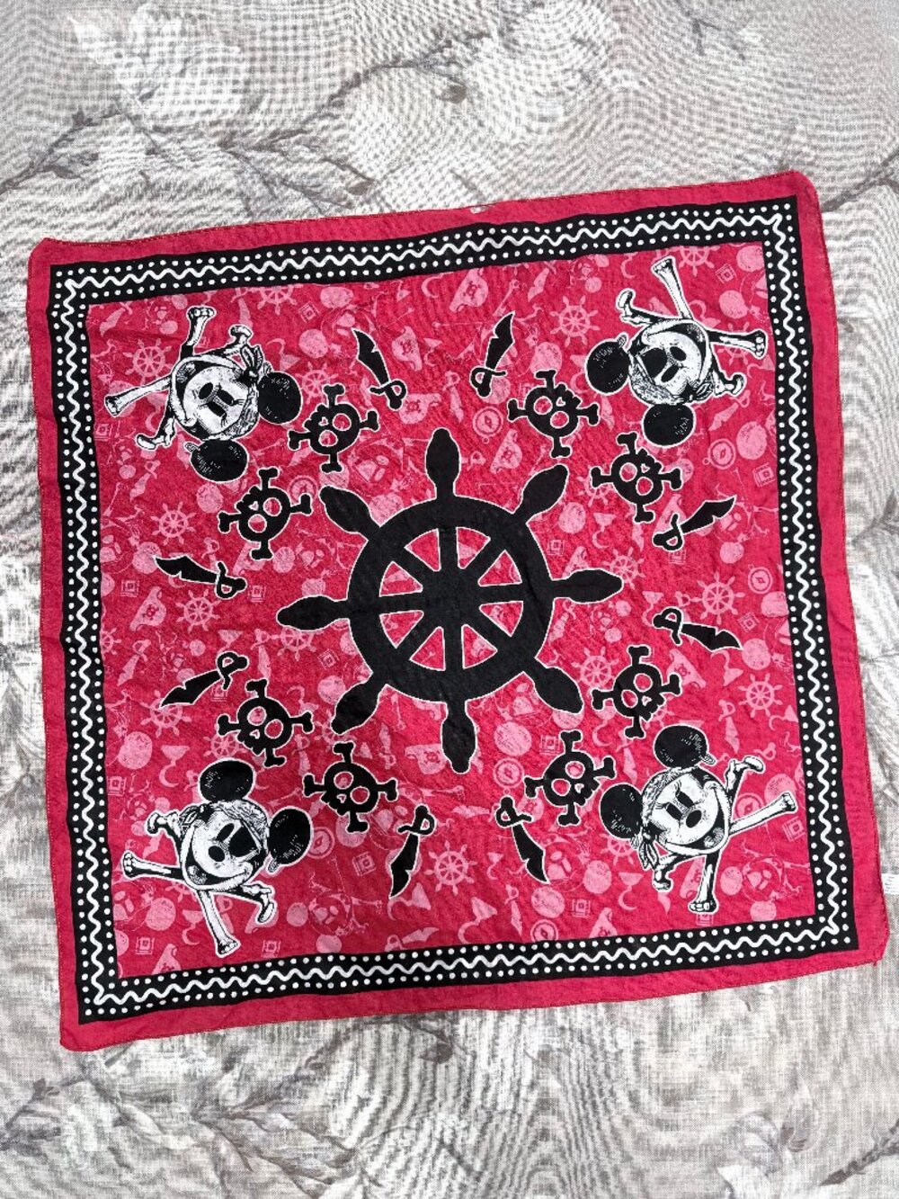 Disney Mickey Mouse Pirate Skull Bandana Red Black Cotton 21"